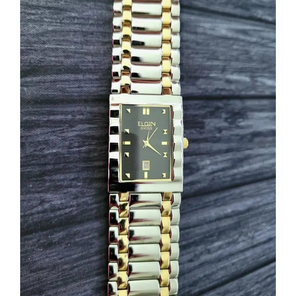 Very Rare Vintage Elgin Swiss‎  2 Tone Mens Retro Tank Watch